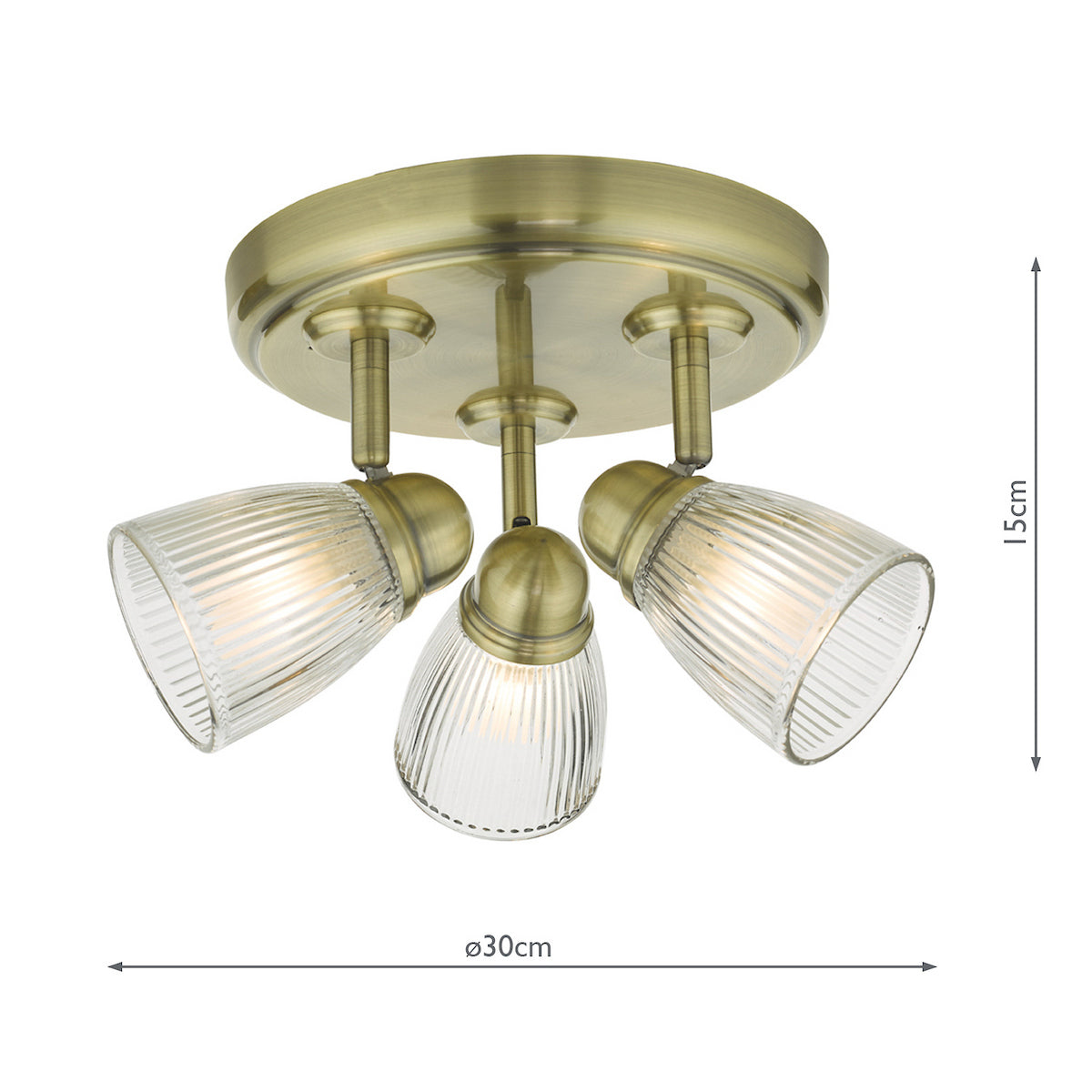 Antique brass ceiling light with three ribbed glass shades, 30cm wide and 15cm high.