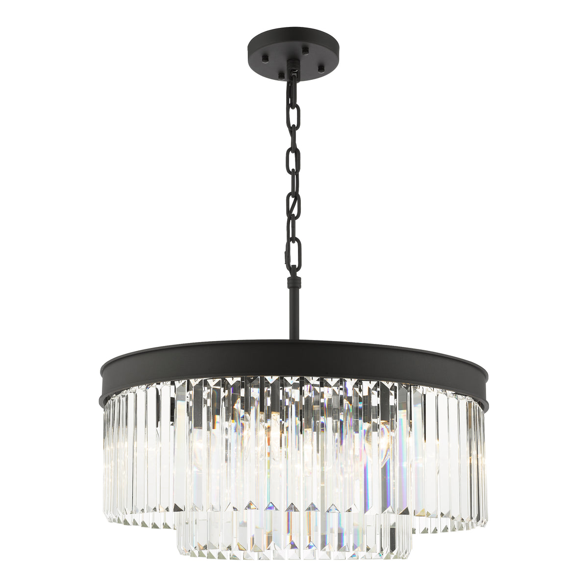 Black chandelier with two tiers of rectangular crystal prisms