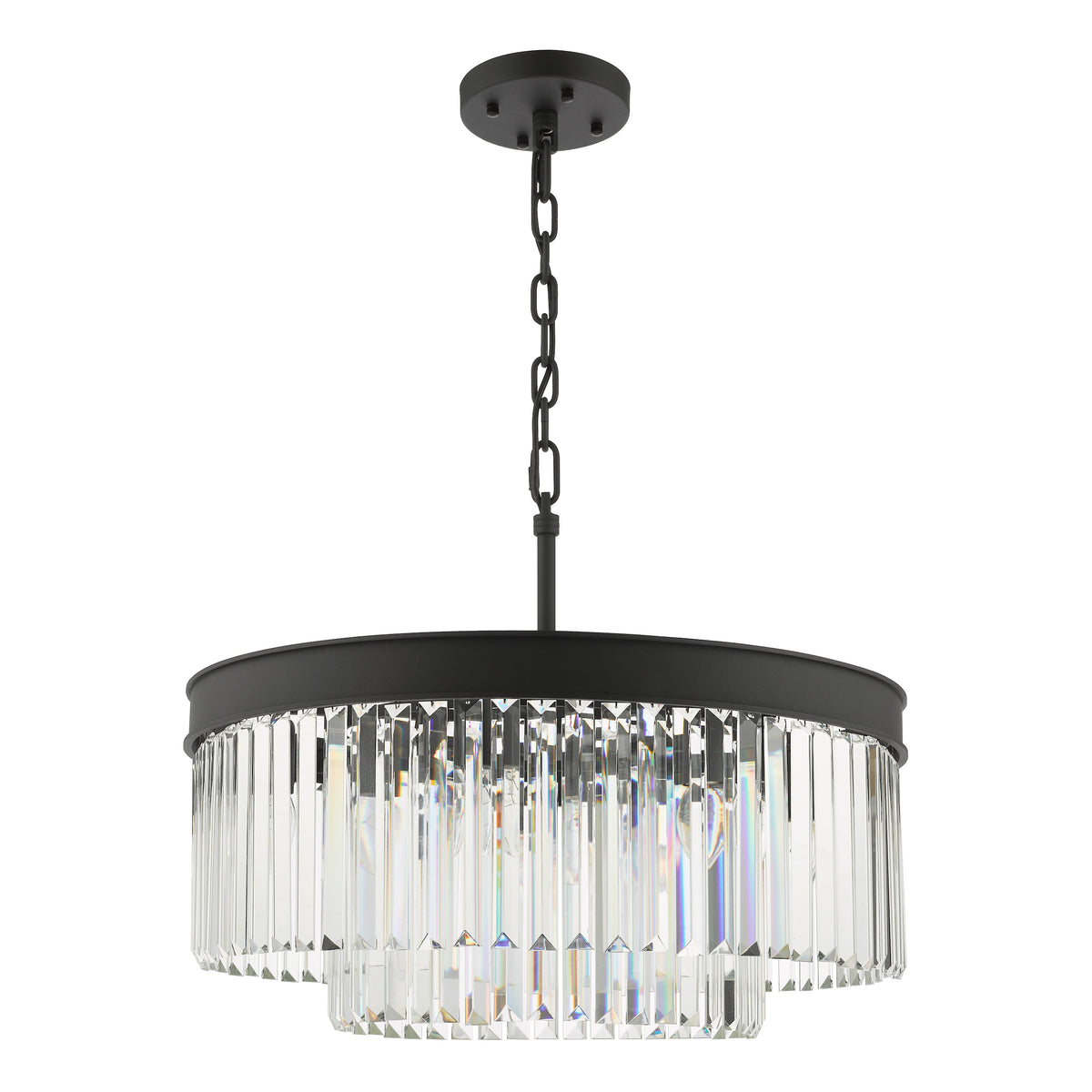 Black chandelier with two tiers of clear rectangular crystal prisms