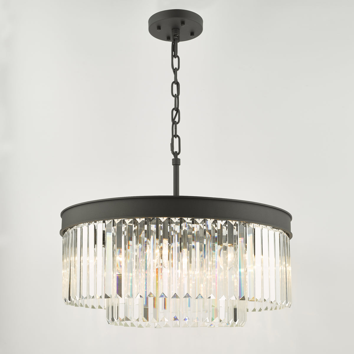 Black metal chandelier with two tiers of clear rectangular crystal prisms