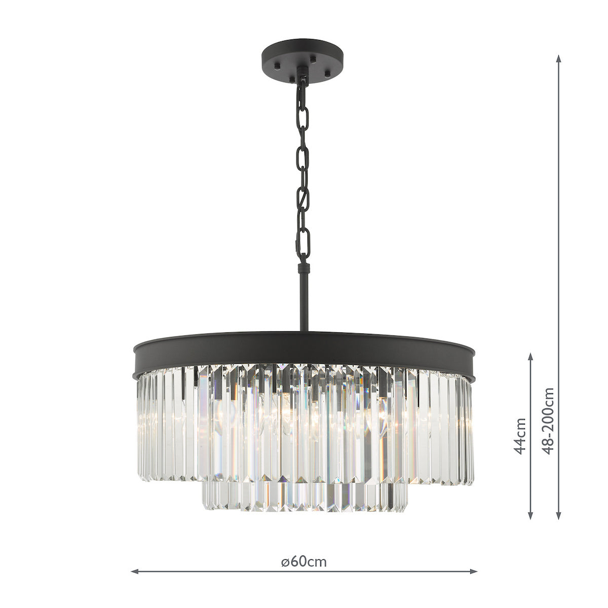 Black metal chandelier with two tiers of clear crystal rods and dimensions