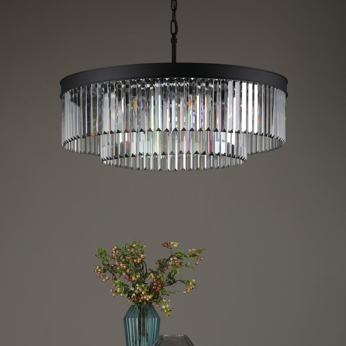 Celeus Eight Lamp Chandelier in Anthracite with Faceted Crystals