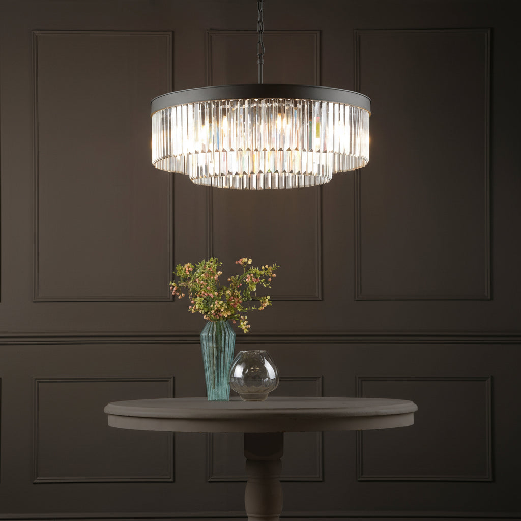 Celeus Eight Lamp Chandelier in Anthracite with Faceted Crystals