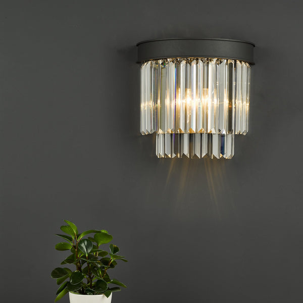 Celeus Two Lamp Wall Light in Anthracite with Faceted Crystals