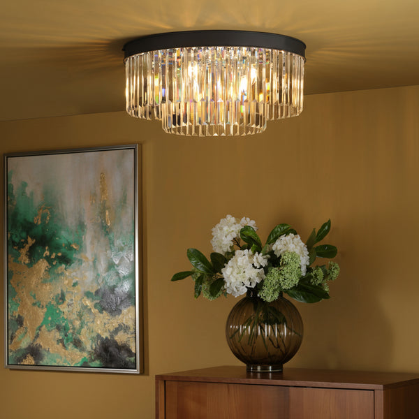 Celeus Six Lamp Two Tier Ceiling Light in Anthracite with Faceted Crystals
