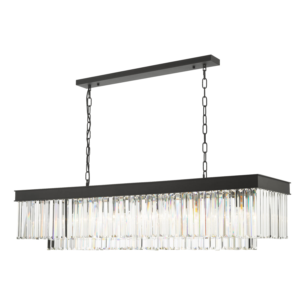 Rectangular chandelier with black frame and clear crystal rods