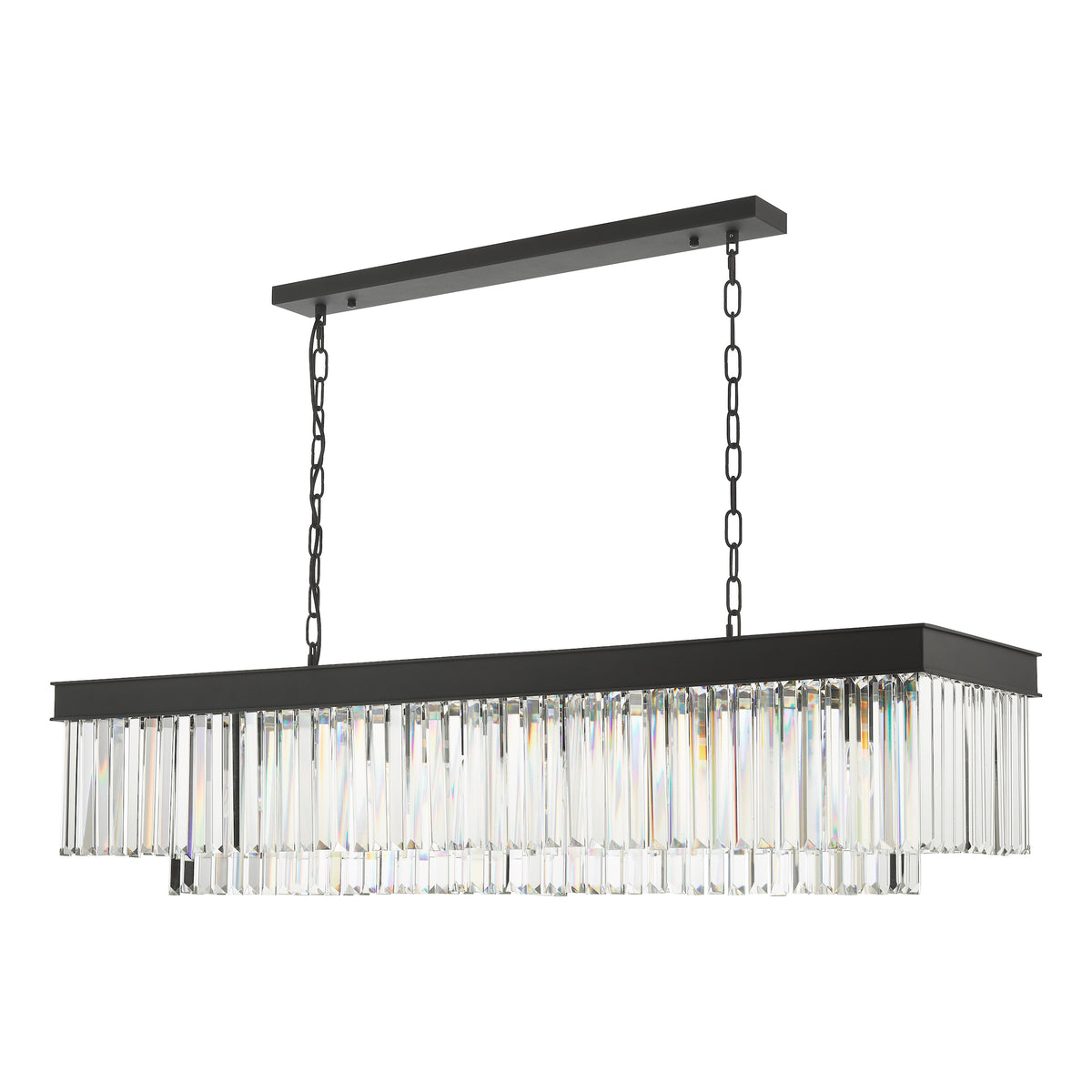 Rectangular chandelier with black frame and clear crystal rods