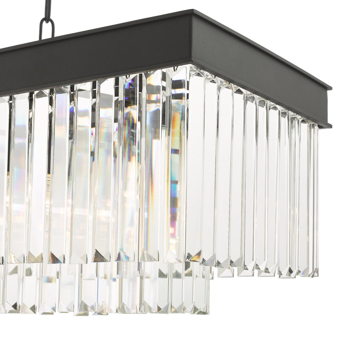 Close up of a black rectangular chandelier with two tiers of clear crystal rods
