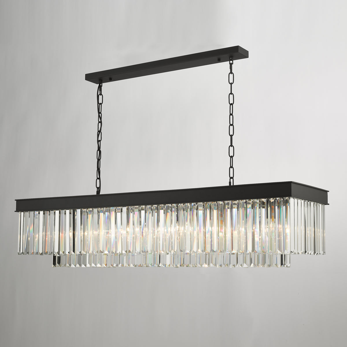 Rectangular chandelier with black frame and clear crystal prisms
