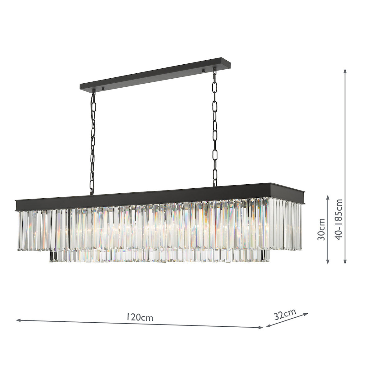 Rectangular chandelier with black frame and clear crystal rods, showing dimensions of 120cm, 32cm, 30cm, and 40-185cm
