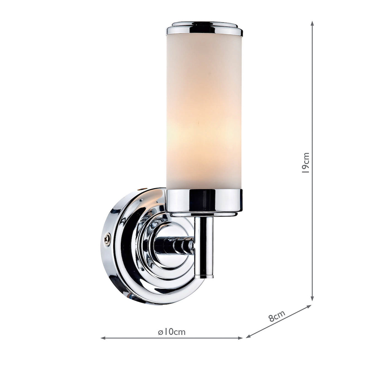 Chrome wall light with a cylindrical frosted glass shade, showing dimensions of 19cm height, 10cm diameter, and 8cm depth.