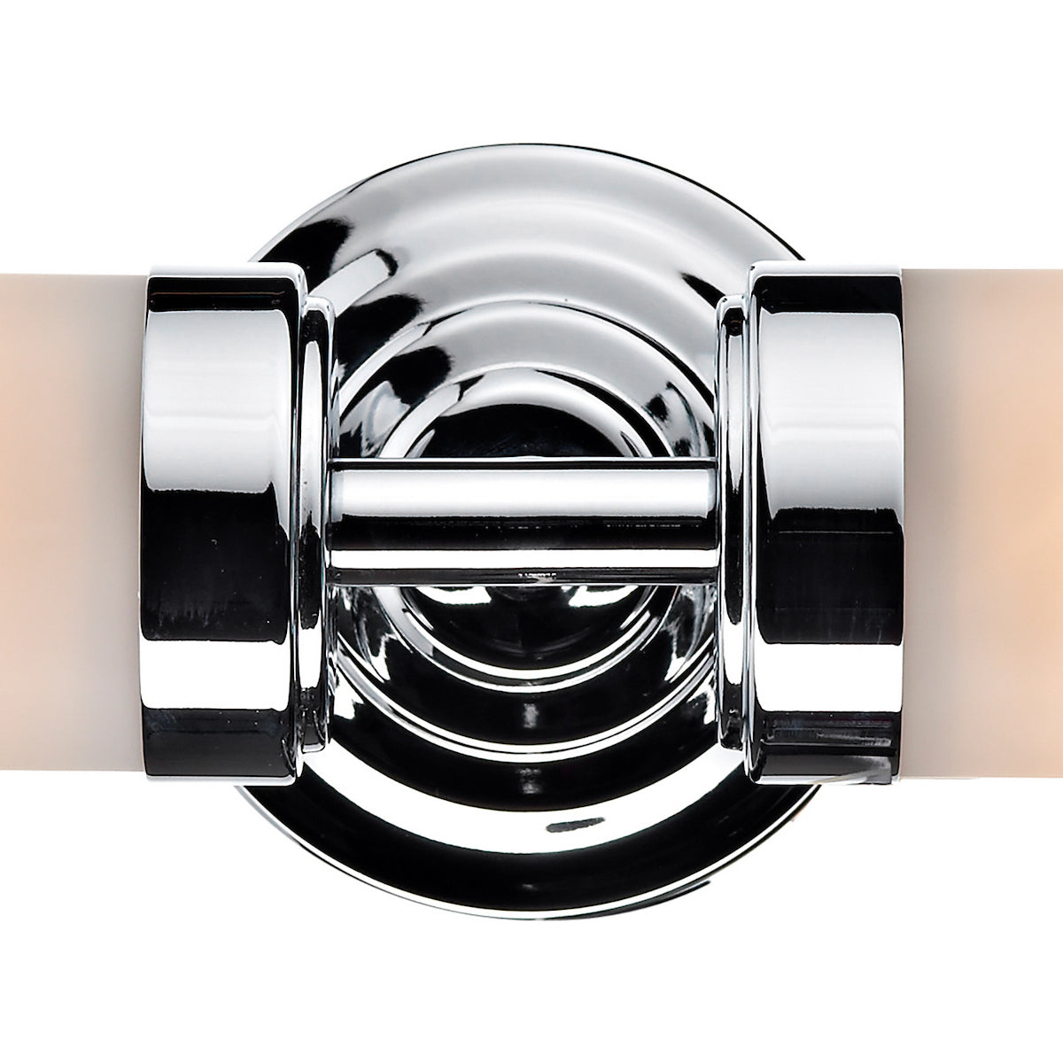 Close-up of a chrome light fixture with a frosted glass shade.