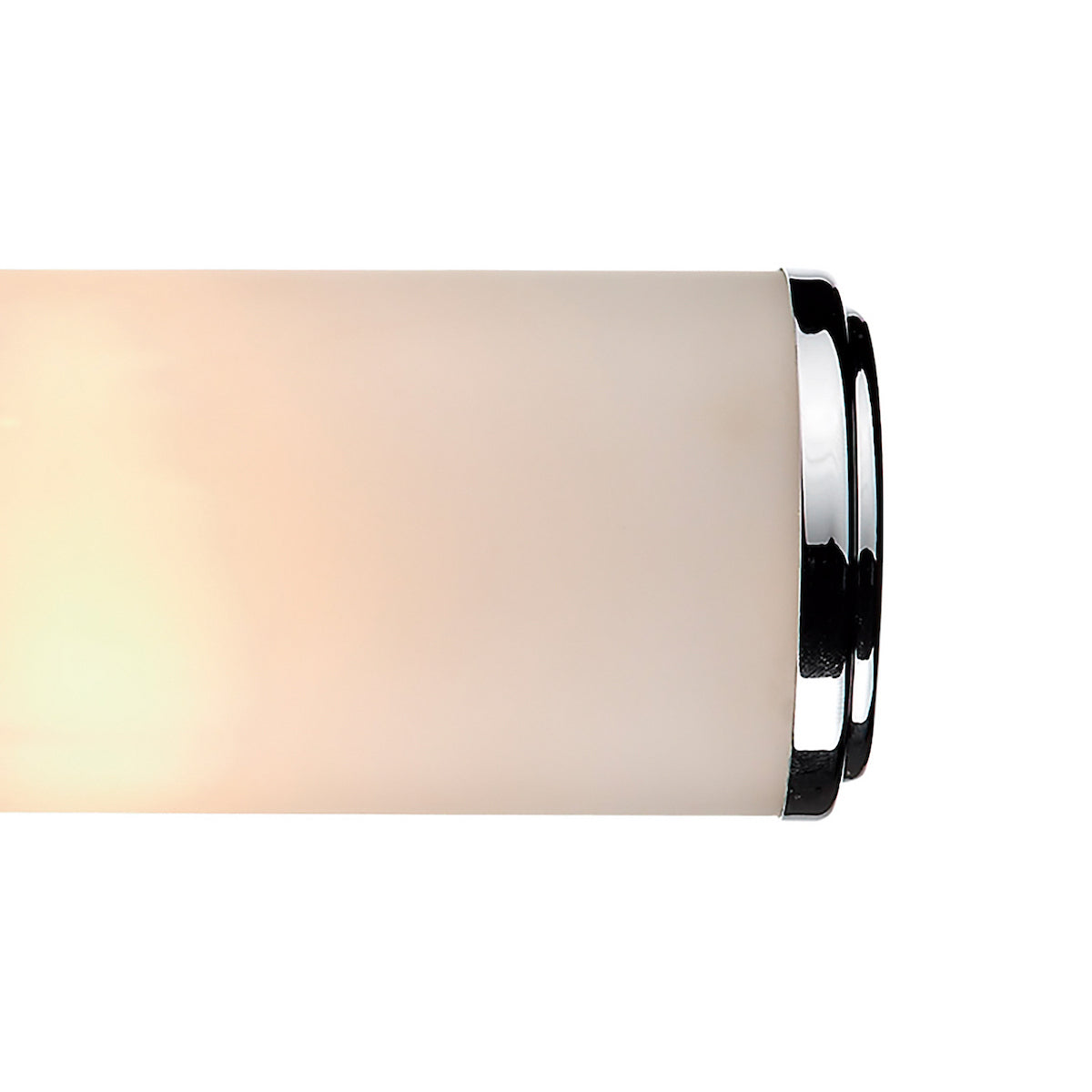Close-up of a cylindrical light fixture with a frosted glass shade and chrome accents.