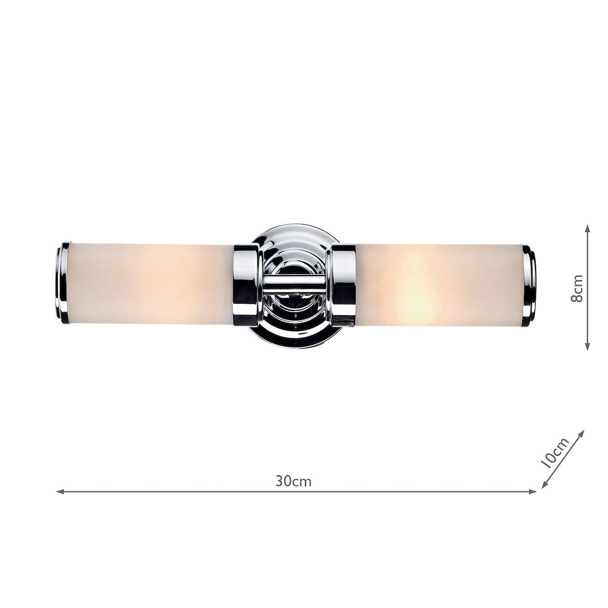 Chrome bathroom wall light with two frosted glass shades, 30cm wide and 8cm high.