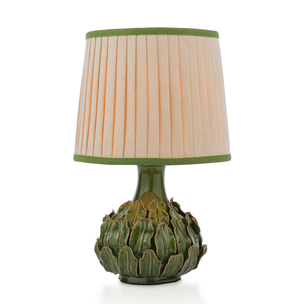 Green ceramic artichoke base table lamp with a pleated beige shade and green trim
