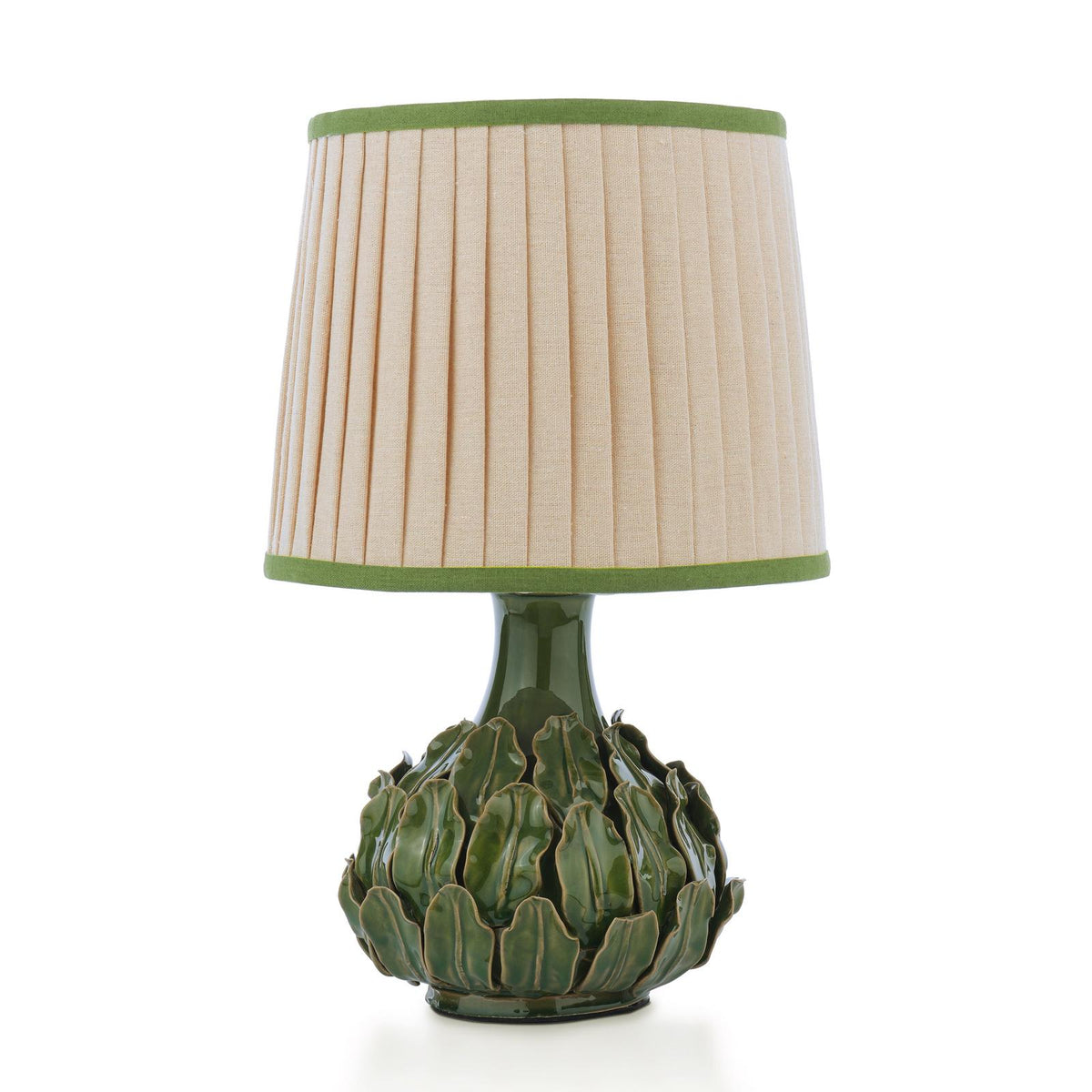 Joules Chatsworth green ceramic table lamp with leaf base and pleated linen shade
