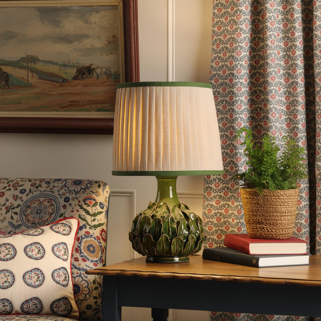 Chatsworth Ceramic Table Lamp in Green with Pleated Linen Shade