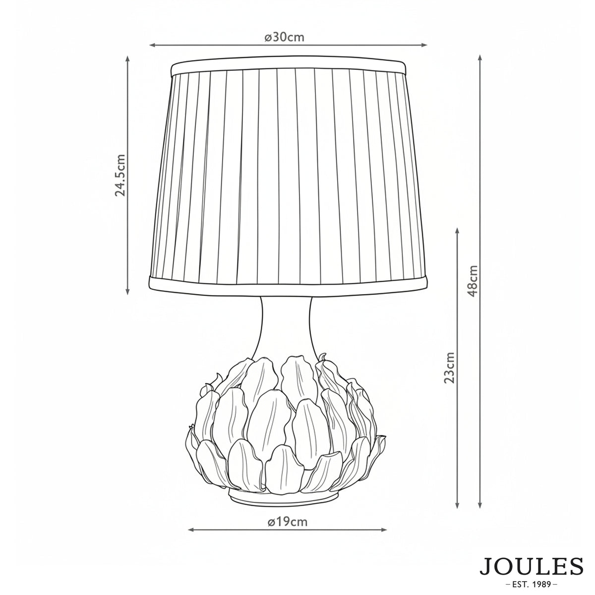 Joules table lamp line drawing with dimensions showing 30cm shade diameter and 48cm total height