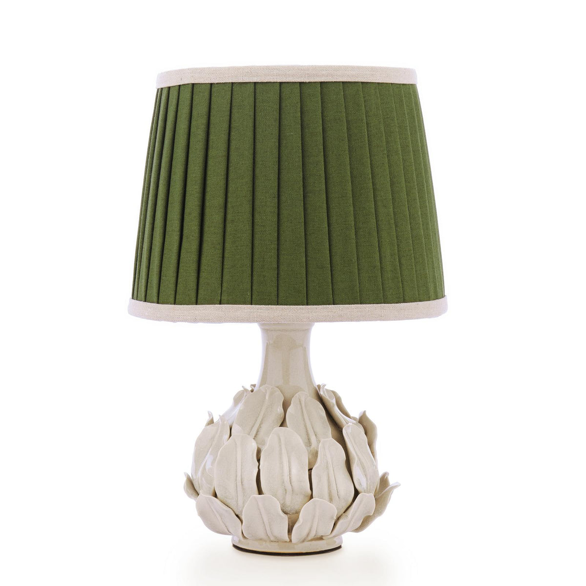 Joules Chatsworth ceramic table lamp in cream with a pleated green linen shade