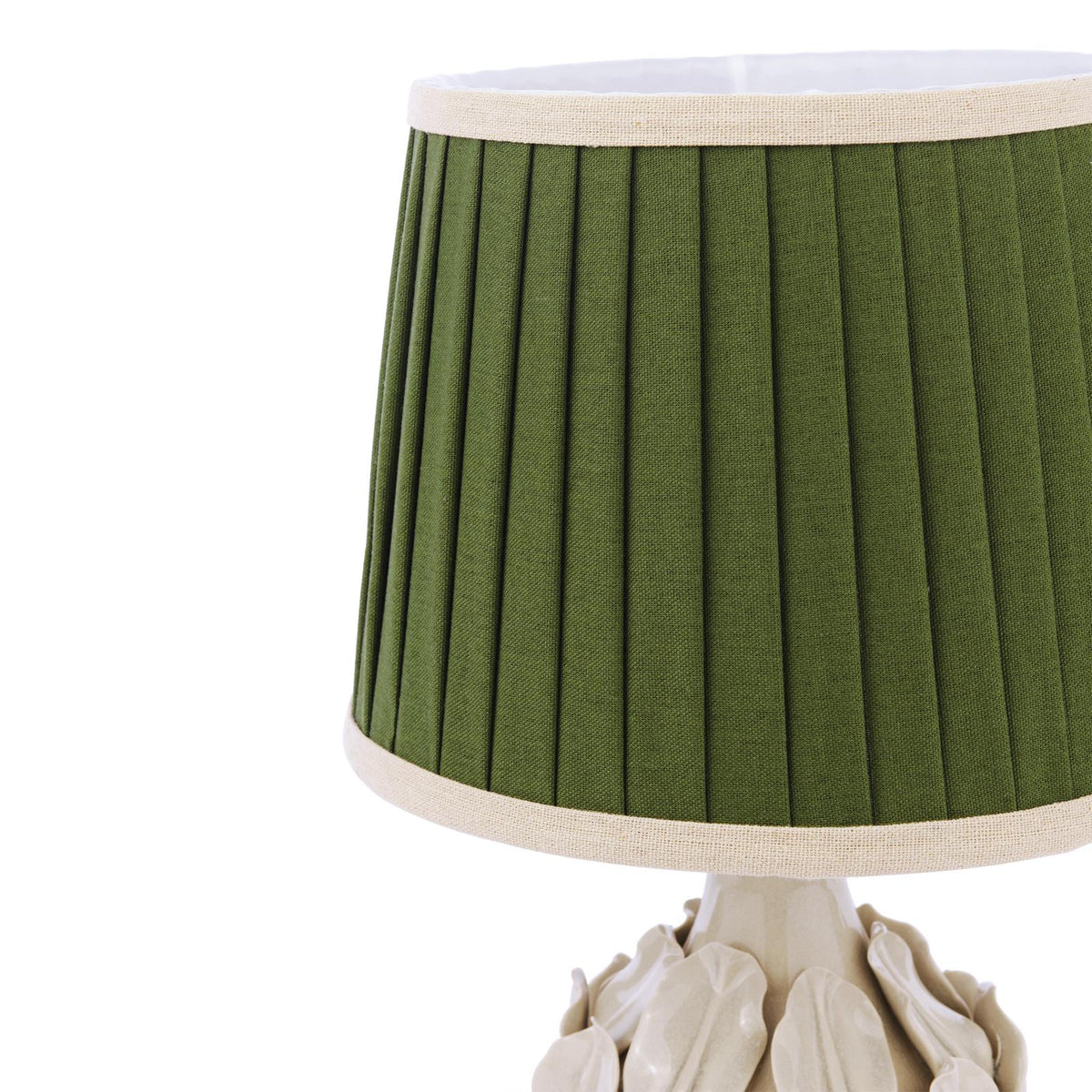 Joules Chatsworth ceramic table lamp with a pleated green linen shade and cream base
