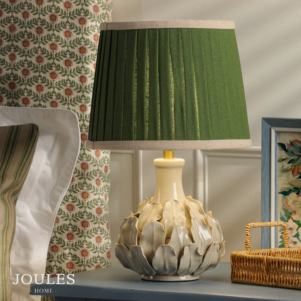 Chatsworth Ceramic Table Lamp in Cream with Pleated Green Linen Shade
