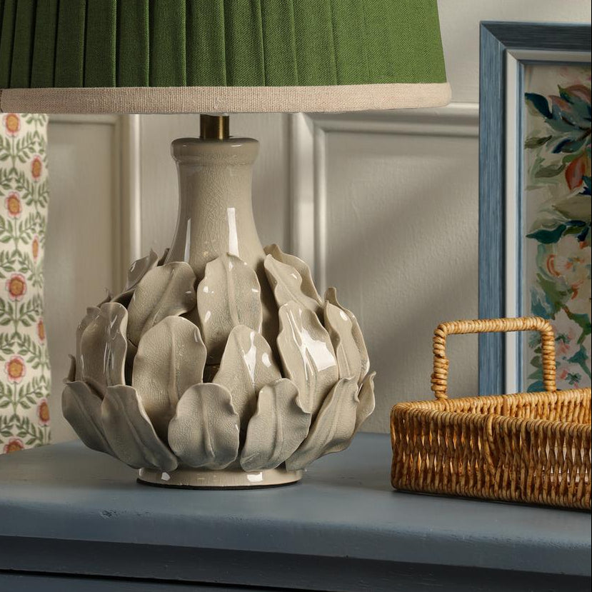 Joules Chatsworth cream ceramic table lamp with leaf base and pleated green linen shade