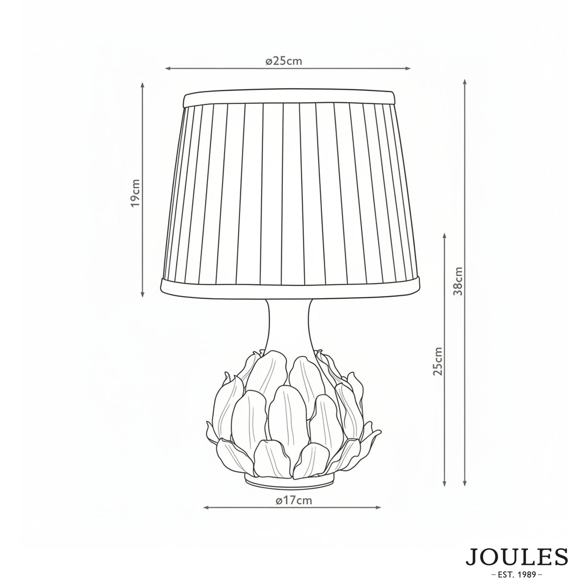 Joules table lamp line drawing with dimensions showing 38cm total height and 25cm shade diameter