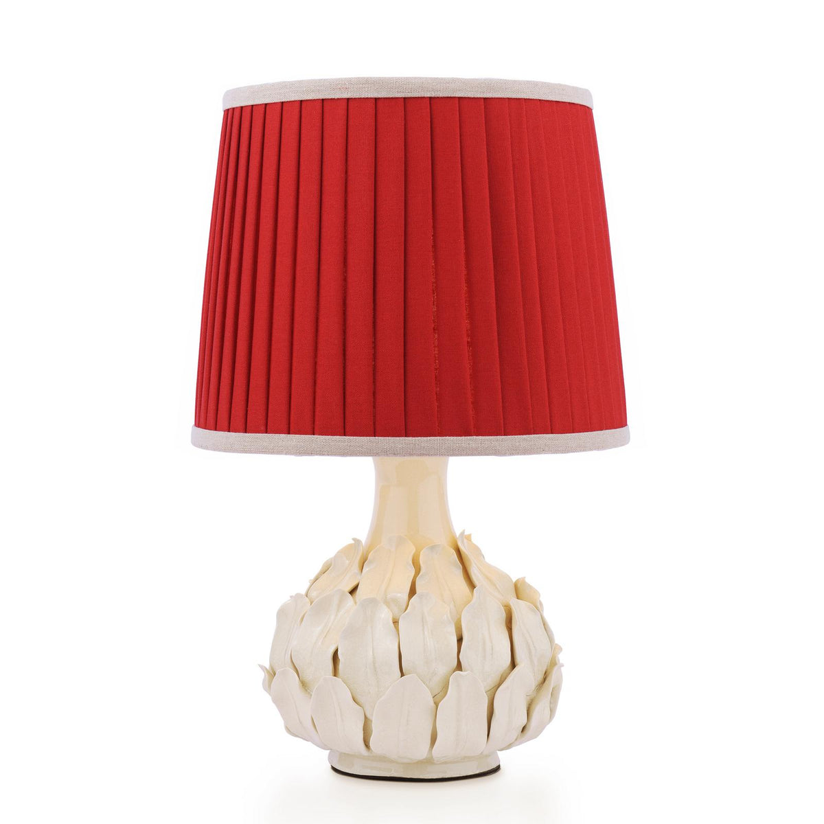 Joules Chatsworth ceramic table lamp with cream petal base and pleated red linen shade