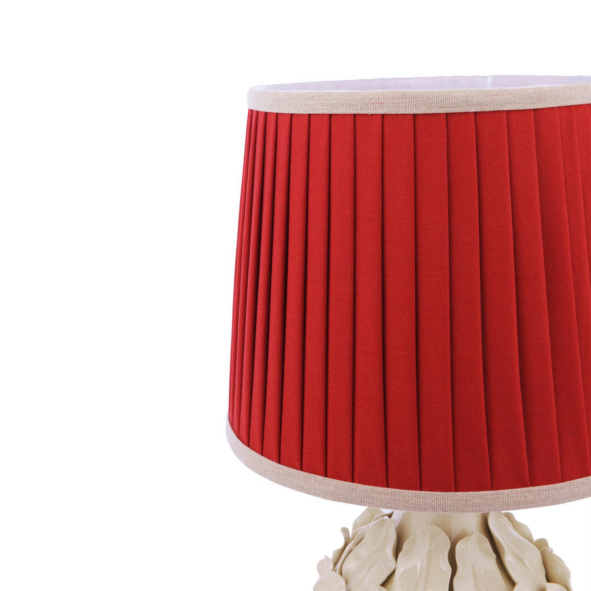 Red pleated fabric lampshade with beige trim