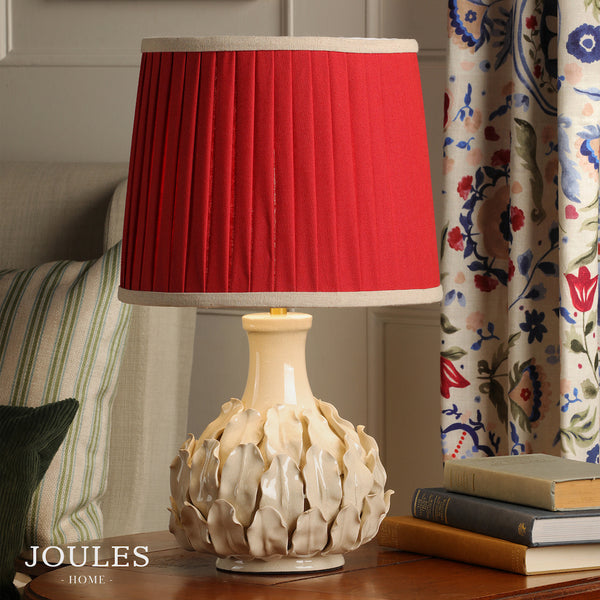 Chatsworth Ceramic Table Lamp in Cream with Pleated Red Linen Shade