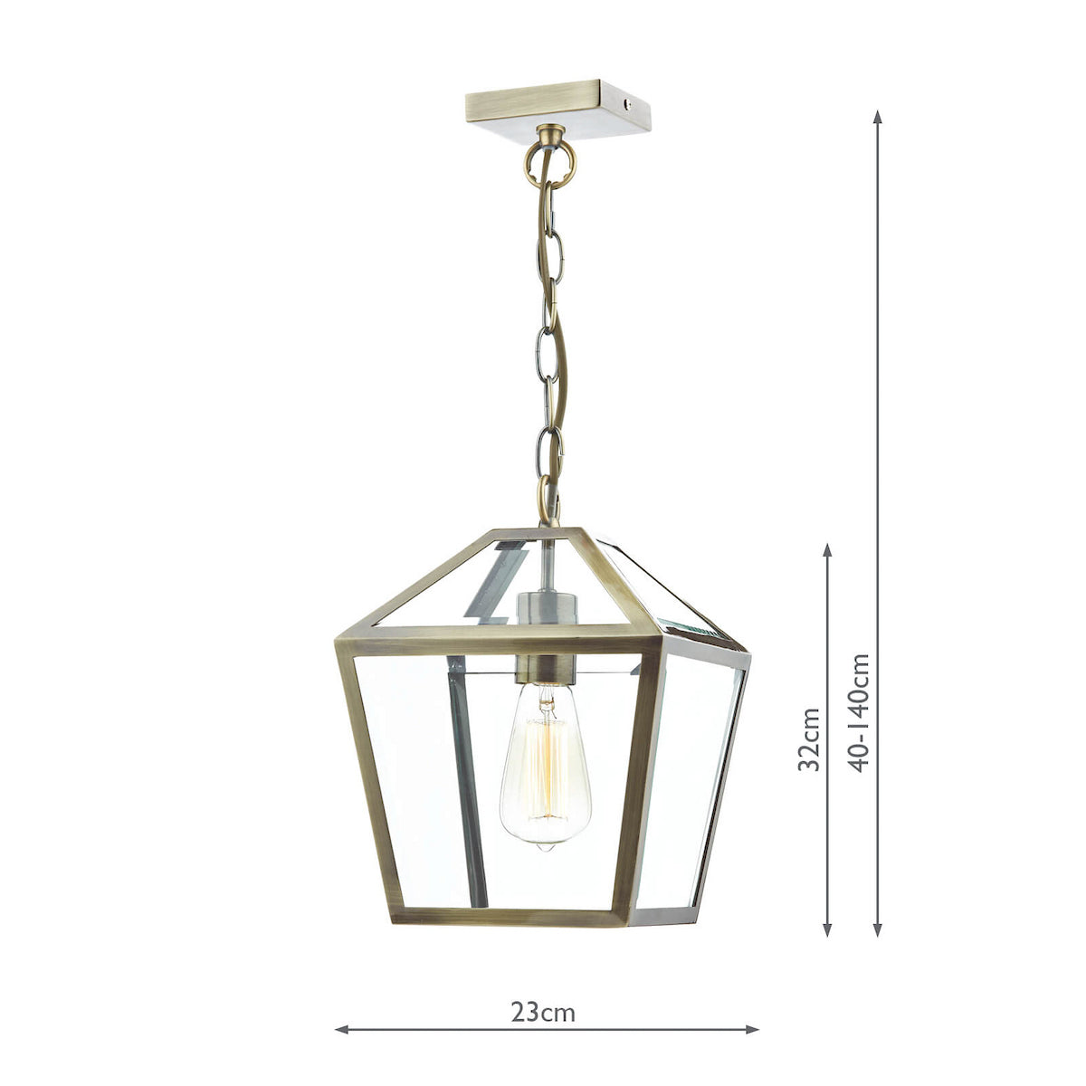 A brass and glass hexagonal pendant light with an exposed filament bulb, showing dimensions of 23cm width and 32cm height.