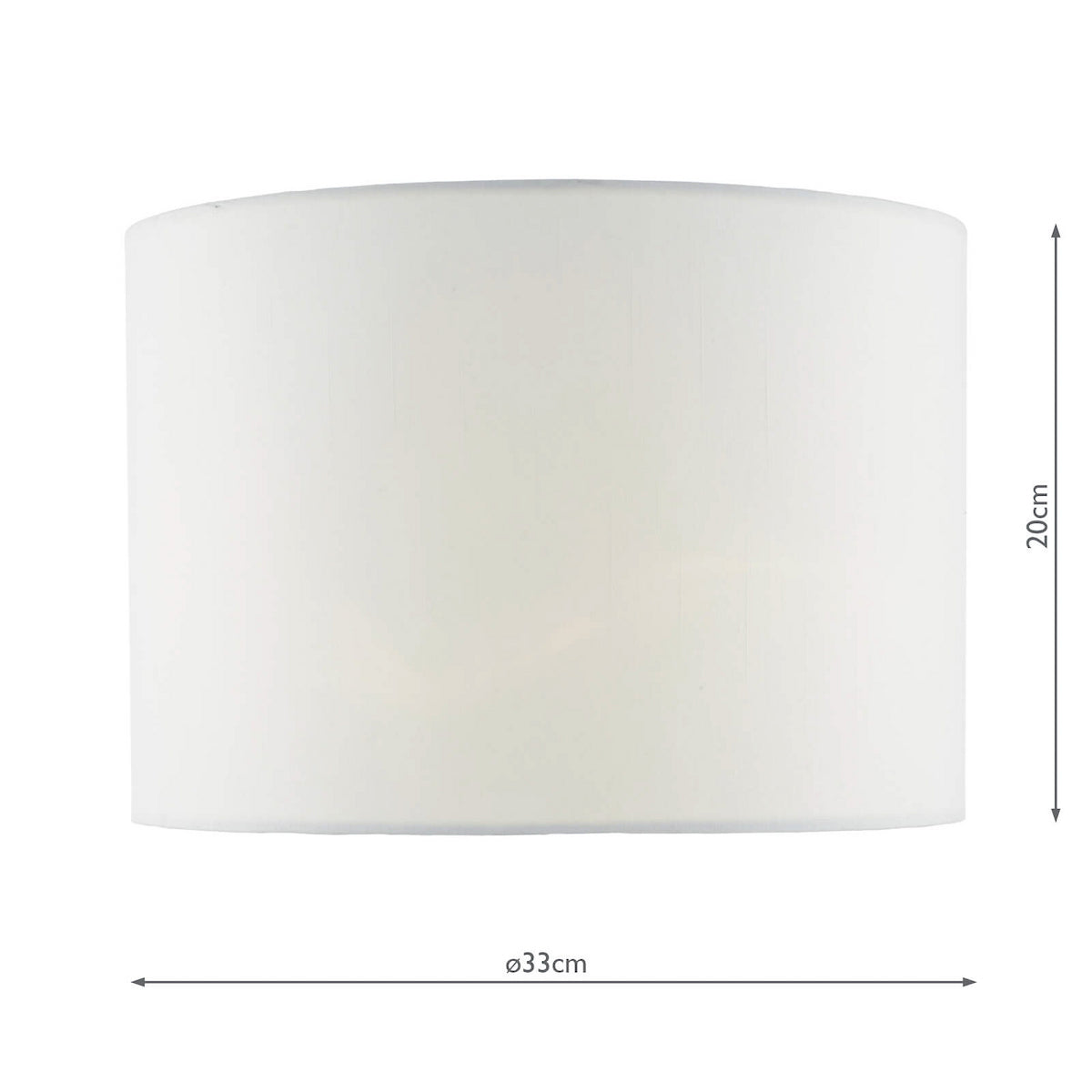 White drum lampshade with dimensions: 20cm height and 33cm diameter.