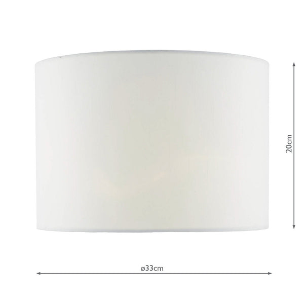 White drum lampshade with dimensions: 20cm height and 33cm diameter.