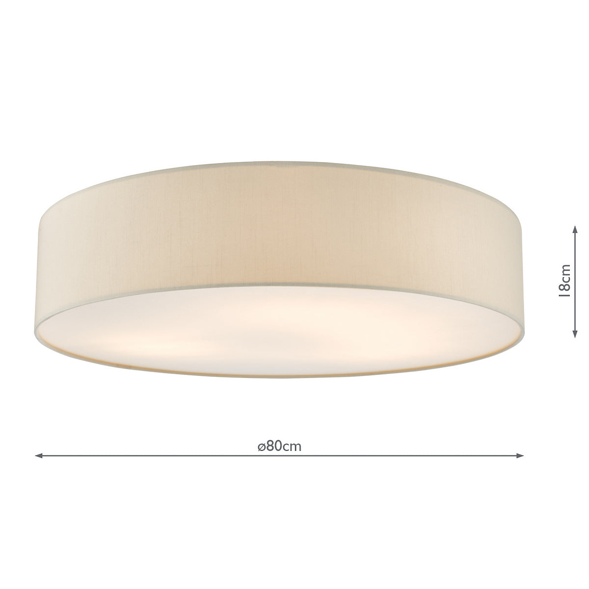 Round ceiling light with a beige fabric shade, 80cm in diameter and 18cm high.