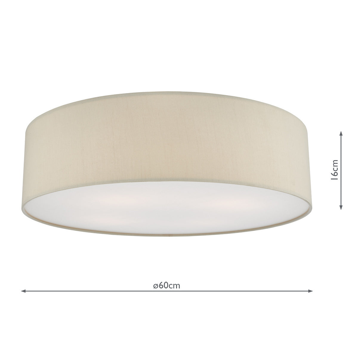Round, beige fabric ceiling light with a white diffuser, showing dimensions of 60cm diameter and 16cm height.
