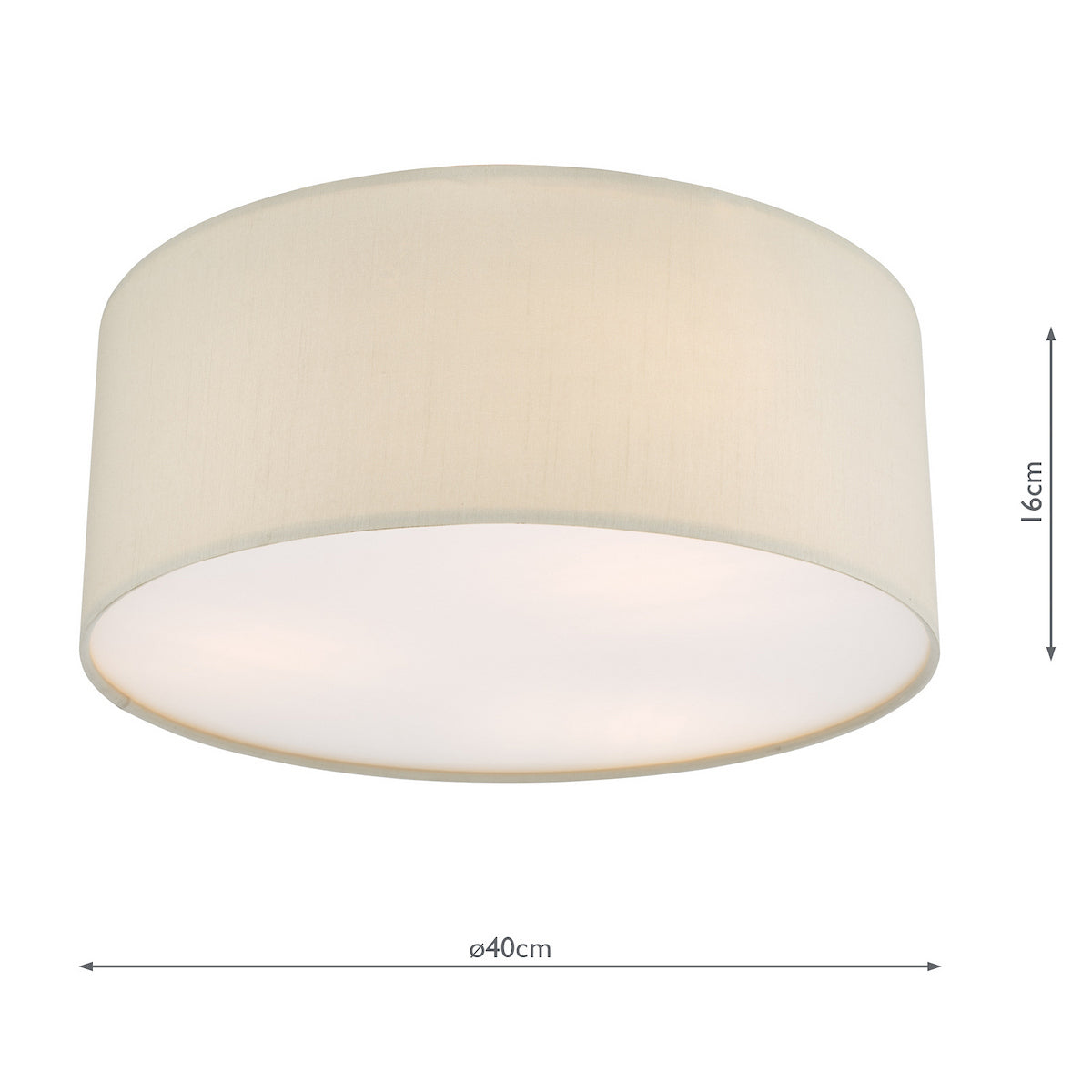 Cream fabric ceiling light with a diameter of 40cm and a height of 16cm.