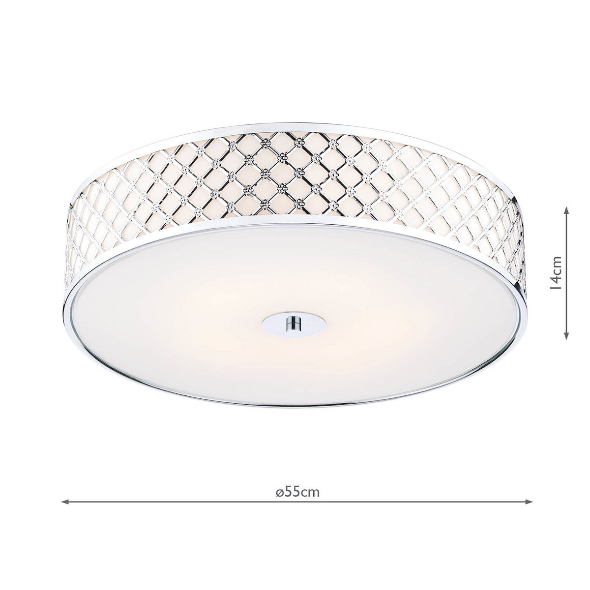 Round ceiling light with a chrome finish and a decorative patterned band, showing dimensions.