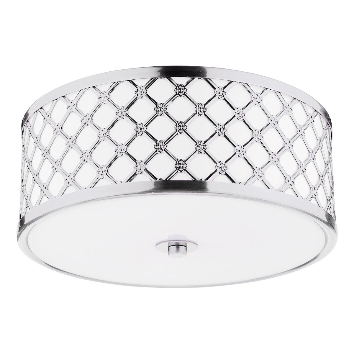Round ceiling light with a chrome finish and a decorative lattice pattern around the side.