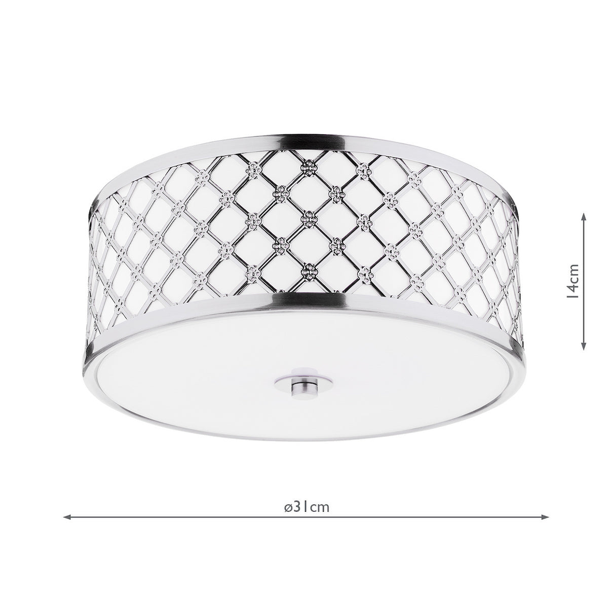 Round ceiling light with a chrome finish and decorative lattice pattern. It measures 31cm in diameter and 14cm high.