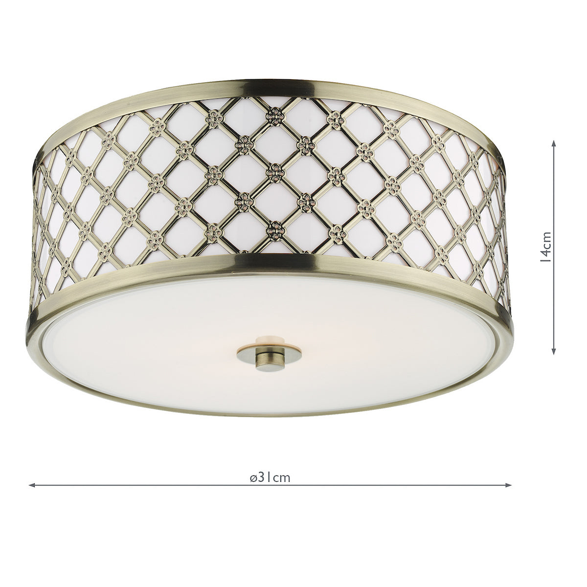 Antique brass flush ceiling light with decorative lattice pattern and frosted diffuser.