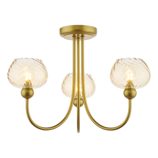 Gold ceiling light with three amber glass shades