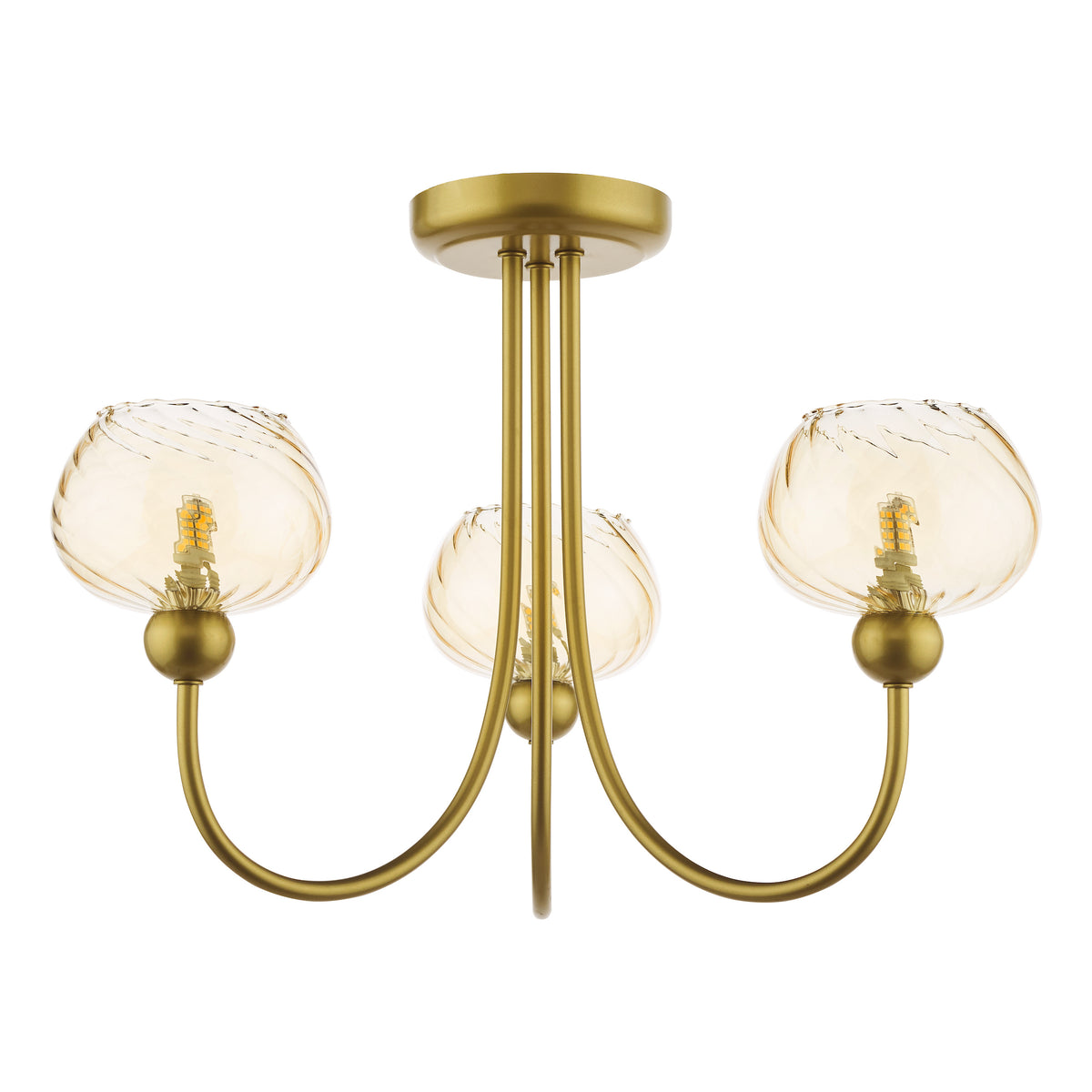 Gold chandelier with three curved arms, each holding a clear, textured glass shade with an exposed LED bulb