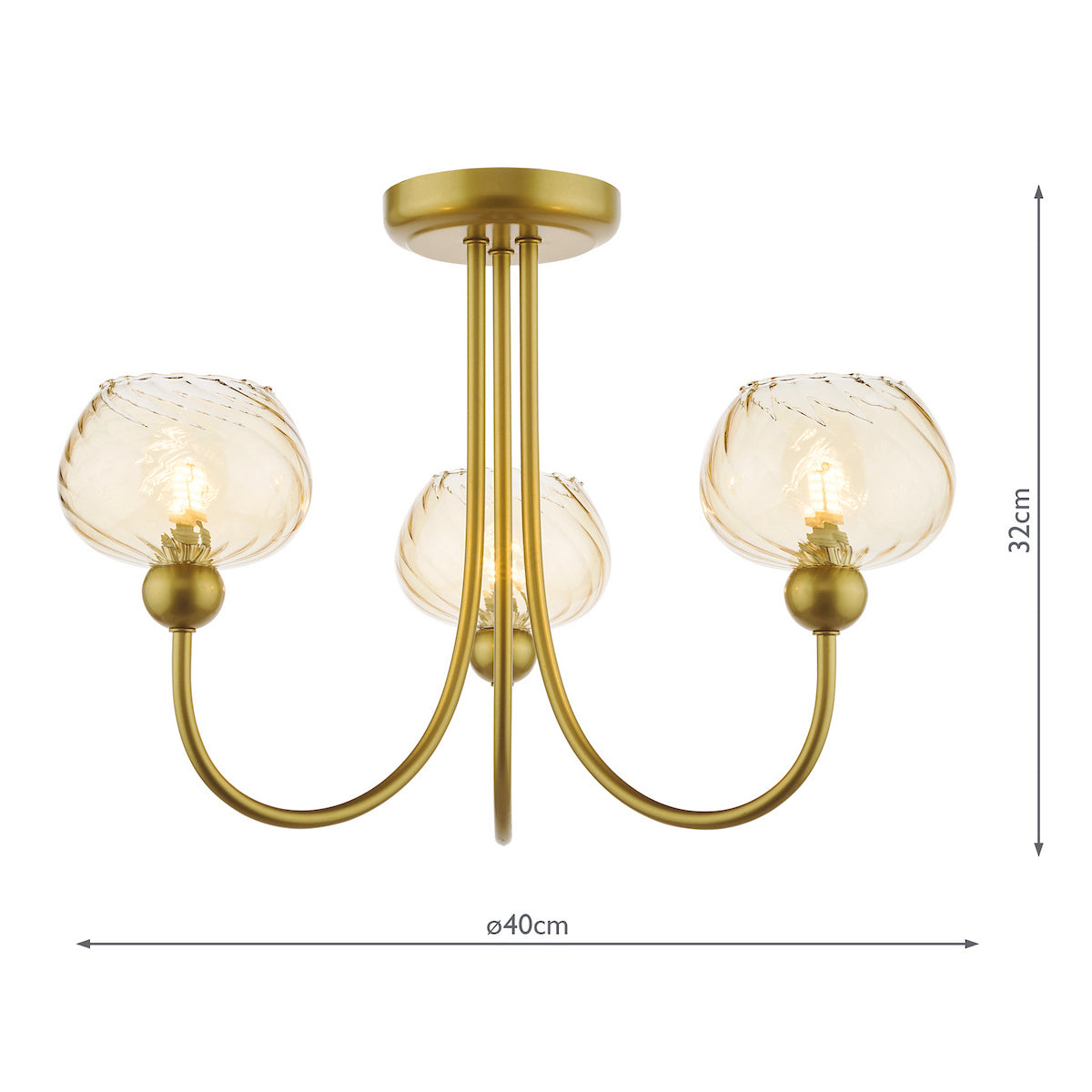 Three light ceiling fitting with amber glass shades and gold metalwork