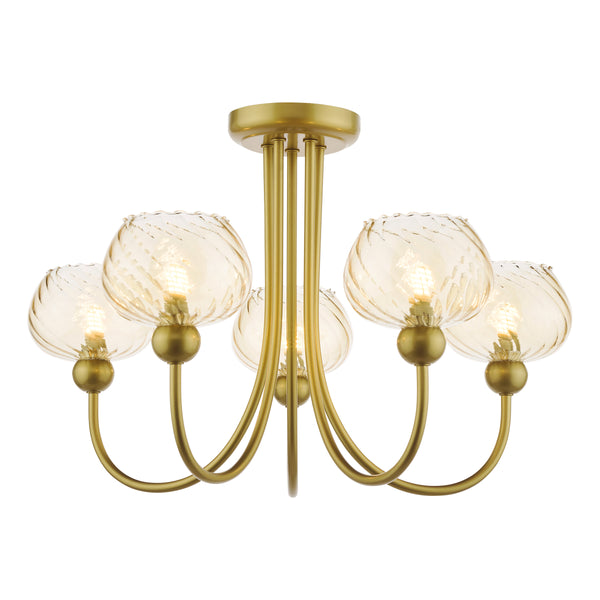 Gold chandelier with five amber glass shades