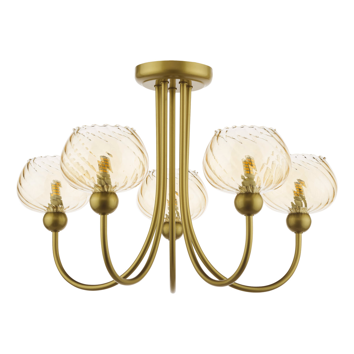 Gold chandelier with five amber glass shades