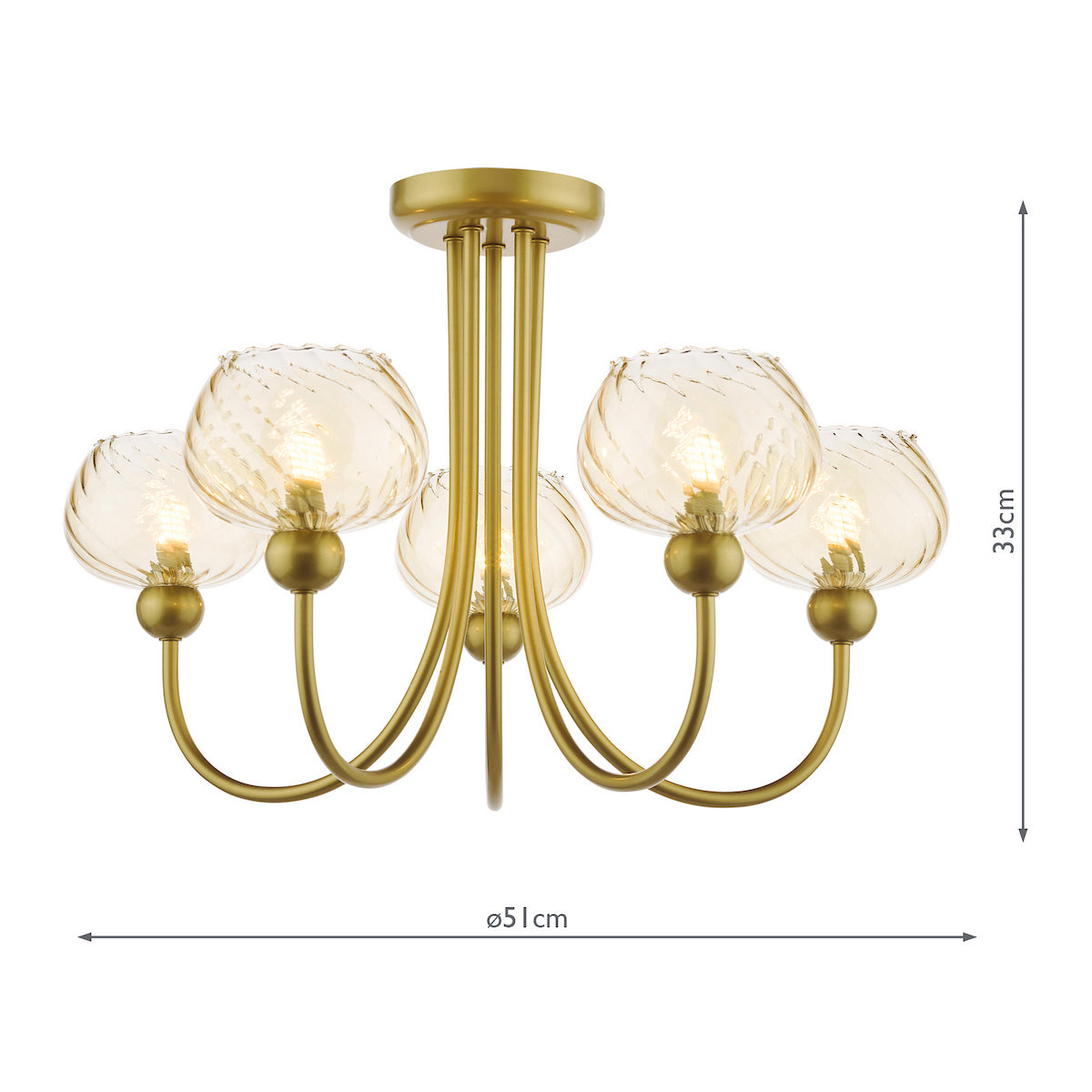 Gold chandelier with five lights and amber glass shades, with dimensions 33cm height and 51cm diameter