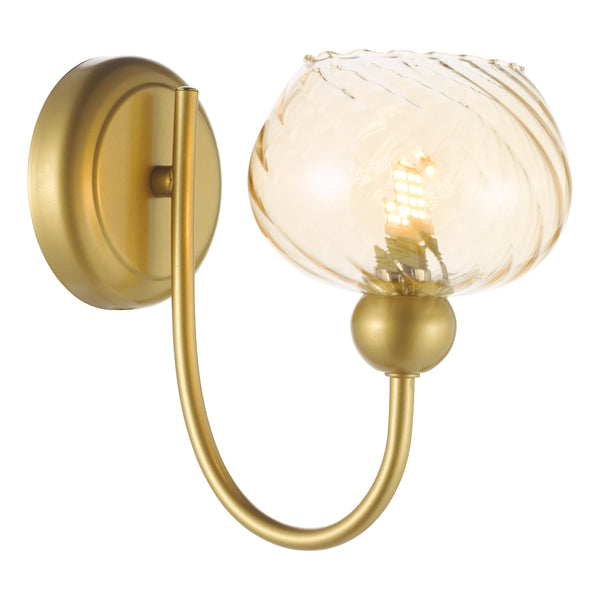 Gold wall sconce with a curved arm and a textured amber glass shade