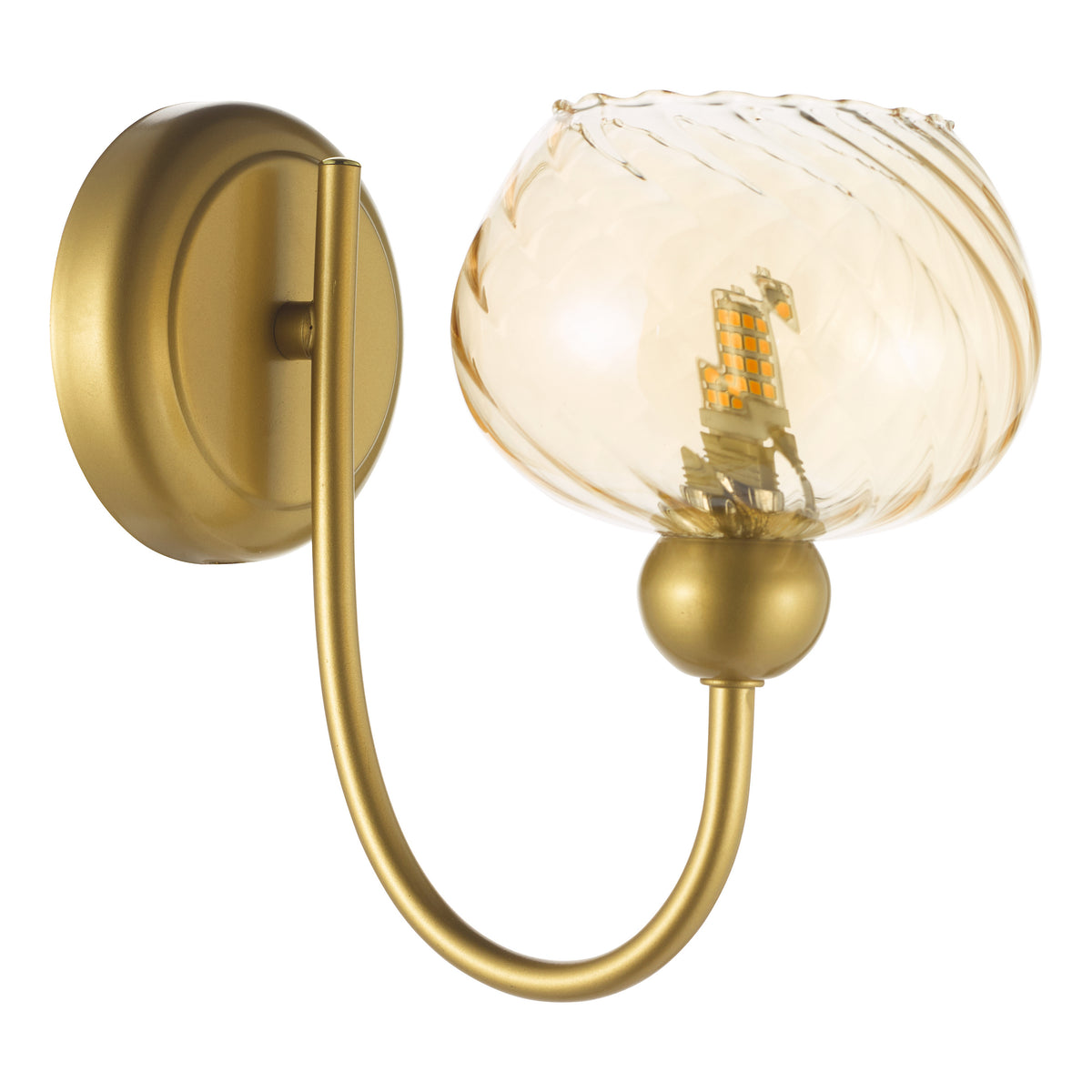 Gold wall sconce with a curved arm and a textured amber glass shade