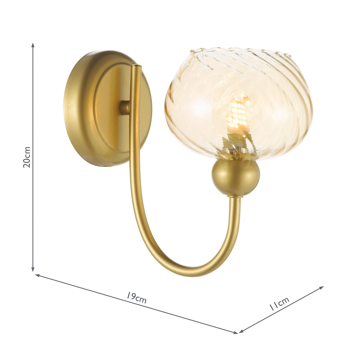 Brass wall light with a curved arm and a swirled amber glass shade, dimensions 20cm by 19cm by 11cm