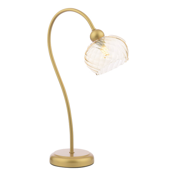 Gold table lamp with a curved stem and a textured glass shade